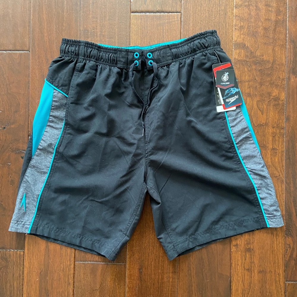 NWT Speedo TURBODRI Volley 20”Swim Trunks, Black, Gray & Turquoise, Size L